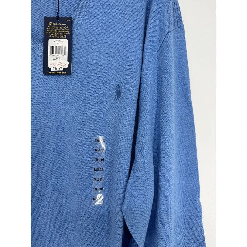 Polo Ralph Lauren Sweater 3XL Tall 3XLT 100% Pima Cotton V Neck Pony Pullover